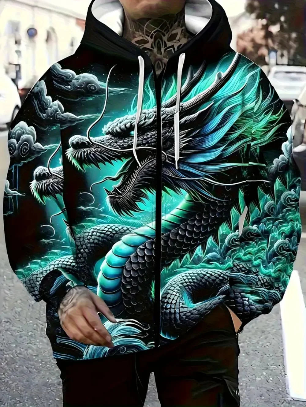 Sweatshirt com capuz e fecho de correr para homem, com estampado de dragão, cordão ajustável, manga comprida, corte oversize, para atividades ao ar livre e viagens, outono/inverno