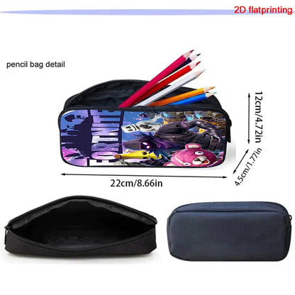 Zaino FORTNITE leggero 3 pezzi con tasca frontale, borsa pranzo, astuccio e portachiavi 3D stampato gratuito per bambini e bambine dai 5 ai 10 anni