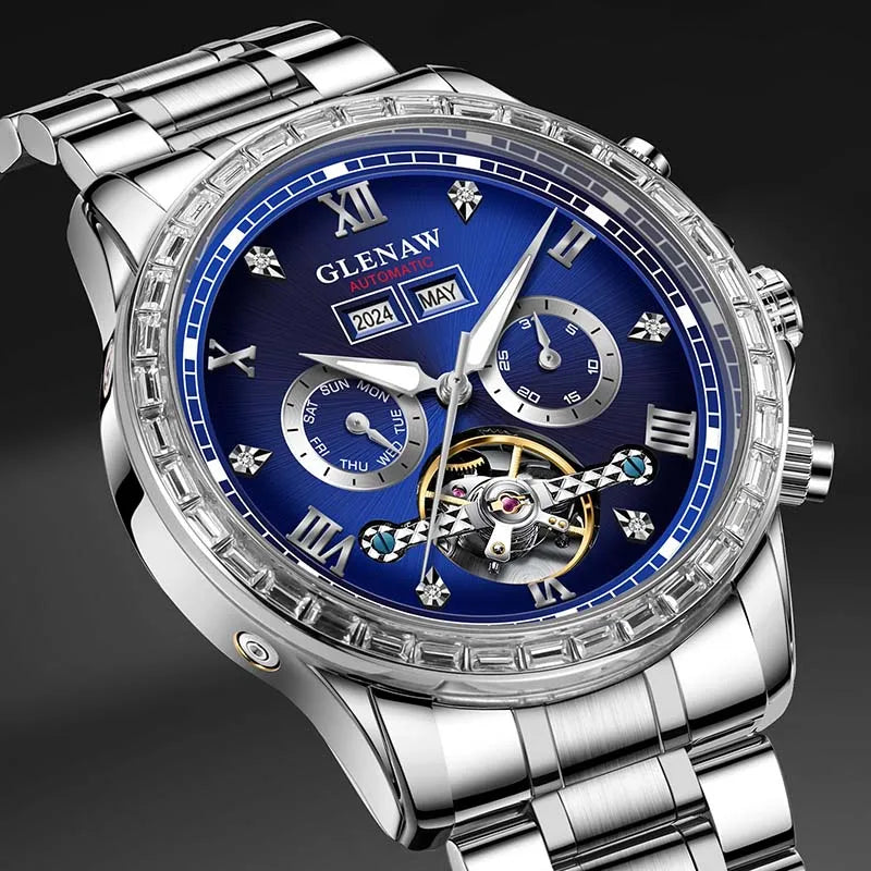 Montre mécanique multifonction GLENAW – Modèle pour homme, style business et décontracté, bracelet en acier inoxydable, étanche, avec calendrier – Montre de luxe