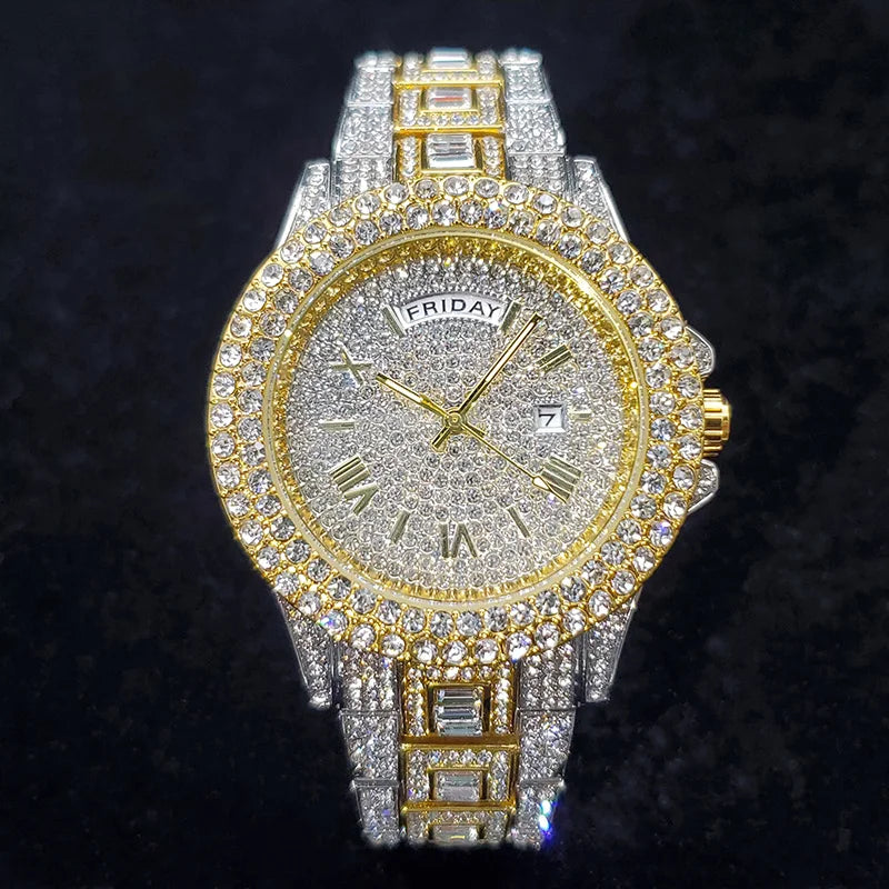 Luxury Diamond Watch for Men Fashion Bling Iced Out Day Date Watches Hip Hop Golden Stainless Steel Quartz Man Clock Hot Sale