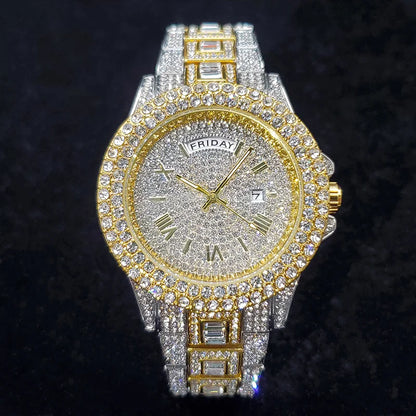 Luxury Diamond Watch for Men Fashion Bling Iced Out Day Date Watches Hip Hop Golden Stainless Steel Quartz Man Clock Hot Sale