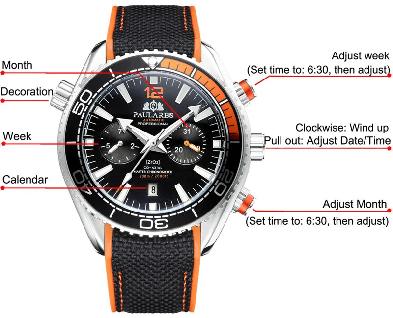PAULAREIS P Reloj mecánico automático de lujo para hombre, cuerda automática, correa de caucho, resistente al agua, luminoso, con fecha, reloj de moda para hombre