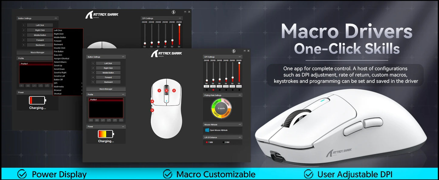 Rato Gaming Sem Fios Leve ATTACK SHARK X3, 49g, Tri-Mode, Sensor PAW3395 de 26K DPI, Autonomia de 200h, 5 Botões Programáveis