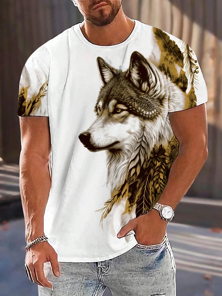 T-shirt de homem com estampado de lobo e olhos diferentes — T-shirt casual diária masculina, moda urbana streetwear, manga curta, verão, desporto ao ar livre