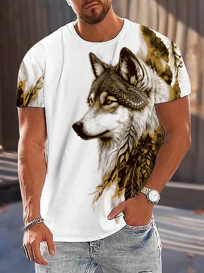T-shirt de homem com estampado de lobo e olhos diferentes — T-shirt casual diária masculina, moda urbana streetwear, manga curta, verão, desporto ao ar livre