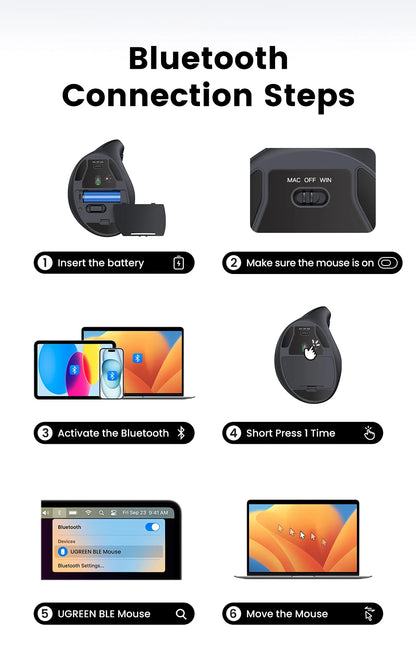 Mouse wireless Bluetooth 5.0 2.4G ergonomico 4000DPI con 6 pulsanti silenziosi per MacBook, tablet, laptop e computer PC