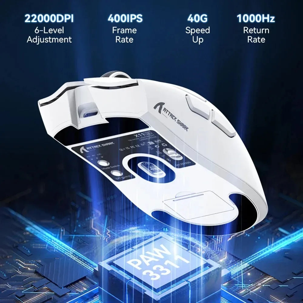 Rato Gaming Sem Fios Ultraligeiro ATTACK SHARK X11SE, vida útil de 20 milhões de ciclos, PAW3311 Gaming, 22KDPI, 400IPS, 40G, 1KHz, 65 horas, 30mAH