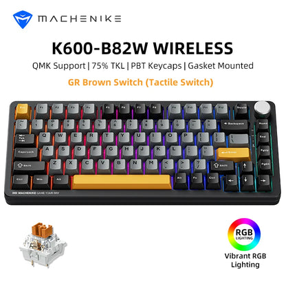 Machenike K600-B82W mechanische Gaming-Tastatur, Tri-Mode, Gasket-Mount, 75% ANSI-Layout, RGB-Hintergrundbeleuchtung, kabellos