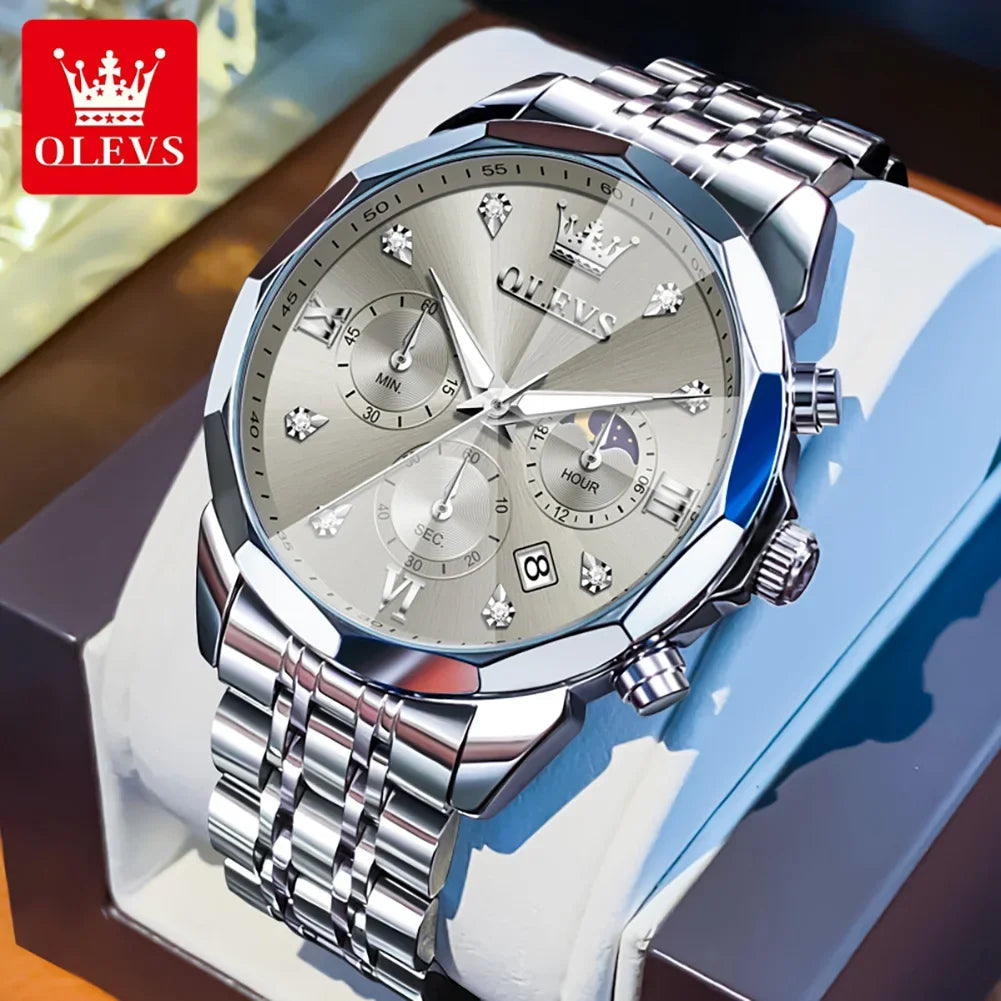 Montre homme OLEVS 3670, élégante, à phase de lune, à quartz, étanche, lumineuse, automatique, date, en acier inoxydable
