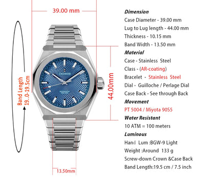 Cronos New Rhombus Perlage 39mm Dial PT5004 Miyota 90S5 See-through Caseback Men Automatic Wristwatches 10ATM Luminous