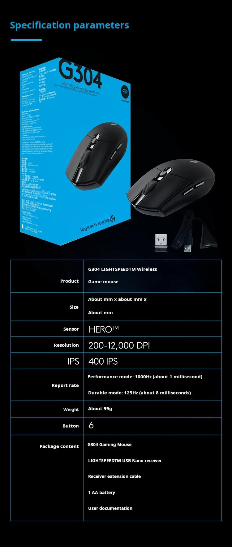 Mouse gaming wireless Logitech G304 LIGHTSPEED, mouse leggero e portatile con macro per Jedi Survival, FPS, League of Heroes ed Eat Chicken