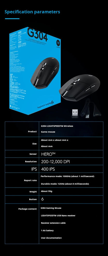 Mouse gaming wireless Logitech G304 LIGHTSPEED, mouse leggero e portatile con macro per Jedi Survival, FPS, League of Heroes ed Eat Chicken