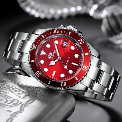 High Quality Automatic Mechanical Watch for Men Stainless Steel Red Dial Date Strong Luminous Luxury Men's Watch
