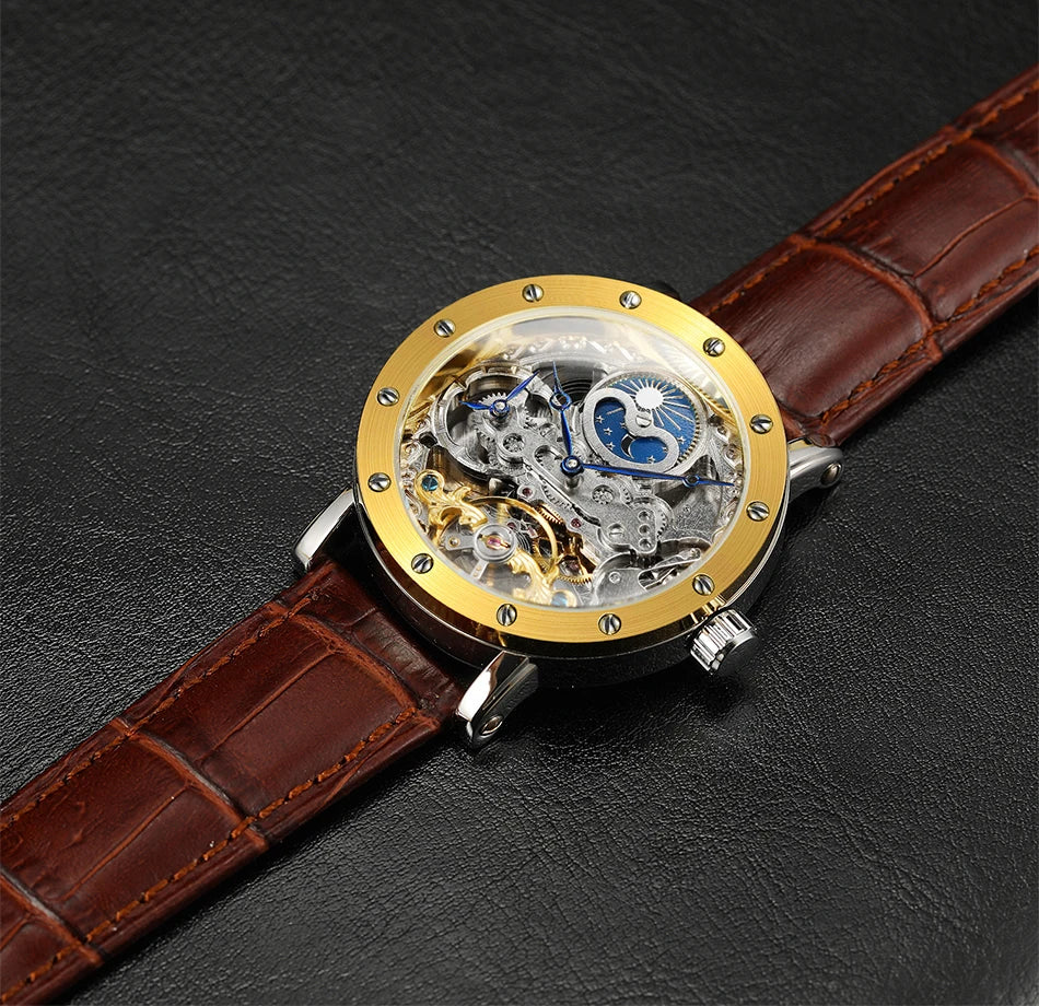 SKROX automatisch mechanisch polshorloge voor heren, skeletmodel met GMT-functie, maanfase en tourbillon – Elegant en origineel luxe horloge uit het topsegment.
