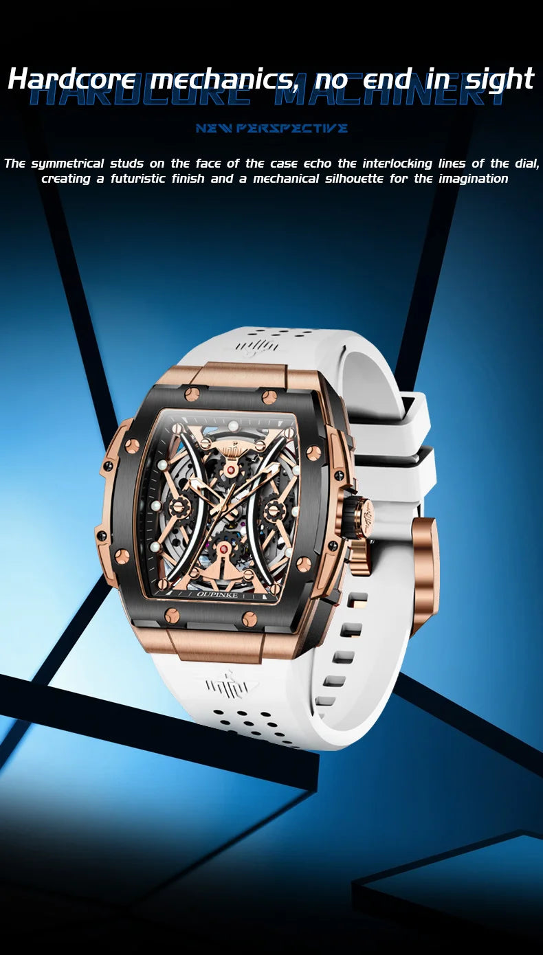 Relógio masculino OUPINKE clássico de luxo com mostrador tonneau, marca de topo, original, automático mecânico, bracelete em silicone e vidro de safira, novo