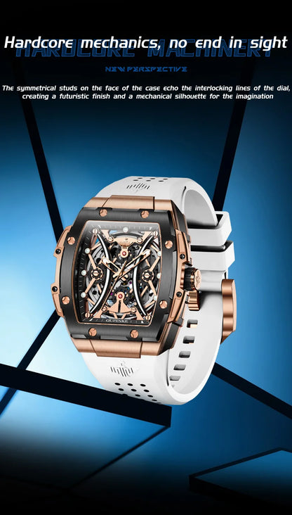 Relógio masculino OUPINKE clássico de luxo com mostrador tonneau, marca de topo, original, automático mecânico, bracelete em silicone e vidro de safira, novo