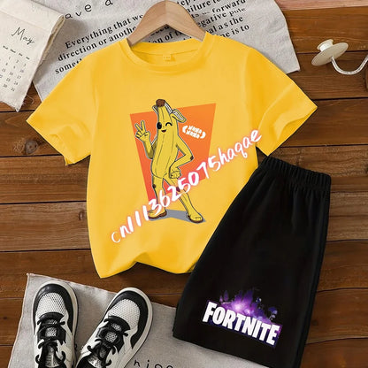Conjunto de T-shirt e calções Fortnite Series para criança, top e calças inspirados em jogo popular, outfit de verão para casa, confortável e adorável, presente de aniversário
