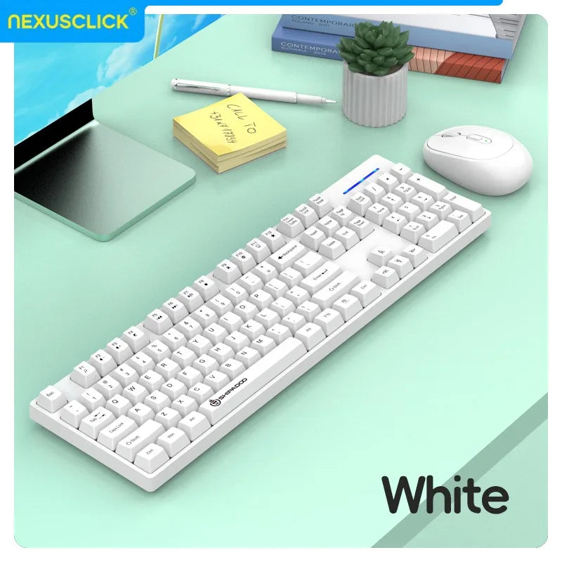 Set tastiera e mouse wireless NexusClick per gaming e ufficio, risparmio energetico intelligente, formato completo 104 tasti, 1600DPI regolabili, USB per laptop e PC