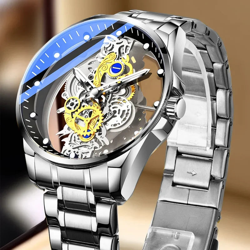 Divatos férfi karóra, kettős nyílású modell, luxus arany színű kivitel, mechanikus tourbillon-utánzat, kvarc szerkezet.