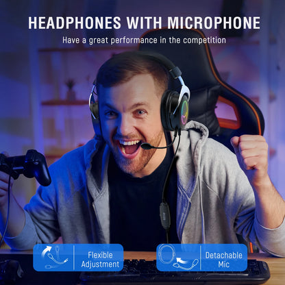 FIFINE Gaming Headset with Stereo Sound/Detachable MIC/RGB/Line Control, Over-Ear Headphone for PC PS4 PS5 Xbox -AMPLIGAME H3