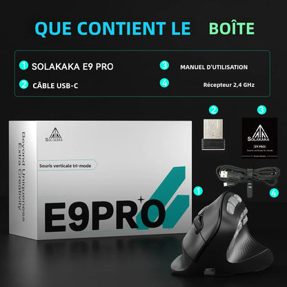 Rato Vertical SOLAKAKA E9 Pro MMO com Sensor PAW3395, Bateria de 1000mAh, Pega Vertical a 45° Ergonómica, Rato Gaming 8K
