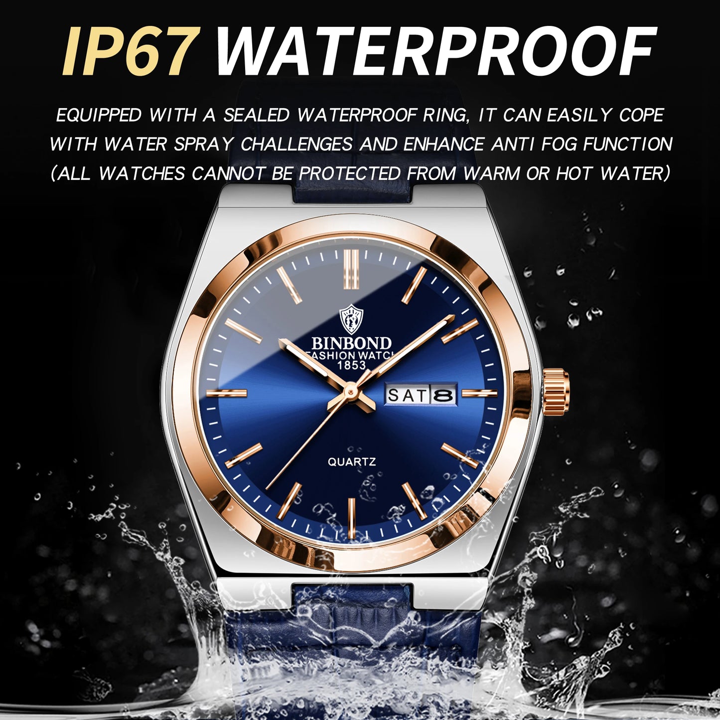 BINBOND Luxury leather strap quartz wristwatches precise luminous waterproof auto date week display durable men's watch reloj