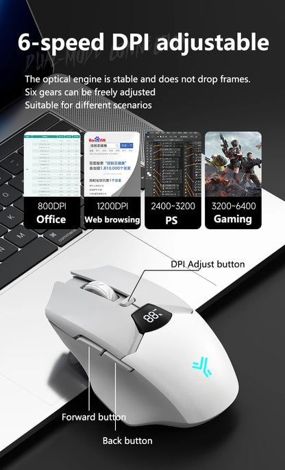 Rato Gaming Sem Fios Warvank SX01 com Ecrã Inteligente, Ajuste DPI de 6 Velocidades, Bateria Recarregável de 600mAh e Bluetooth Silencioso para Escritório