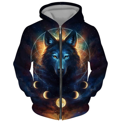 Sweat à capuz com fecho e estampado 3D de lobo, estilo streetwear, para homem/mulher, casaco com capuz unissexo casual hip-hop