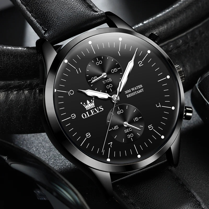 Montre pour homme OLEVS 2880 – Chronographe élégant et épuré, bracelet en cuir, affichage automatique de la date, étanche, aiguilles luminescentes, mouvement à quartz.