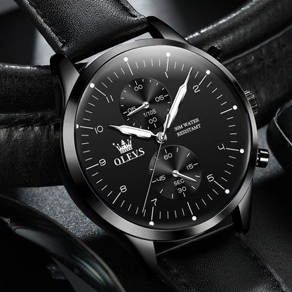Montre pour homme OLEVS 2880 – Chronographe élégant et épuré, bracelet en cuir, affichage automatique de la date, étanche, aiguilles luminescentes, mouvement à quartz.