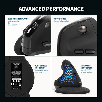 Rato Vertical Ergonómico Delux M618XSD Seeker com Ecrã OLED 4000DPI, Recarregável, 1000mA e Tampa Traseira Amovível para Computador