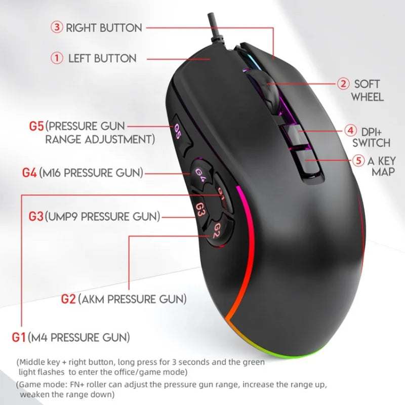 Kabelgebundene Gaming-Office-Maus 7200DPI mit RGB-Hintergrundbeleuchtung, 6 einstellbaren DPI-Stufen/10 programmierbaren Tasten/Zurück-zum-Desktop-Taste