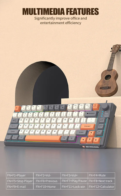 Teclado Gaming K81 com 81 Teclas, Layout 80%, Espanhol, Russo, Coreano e Árabe, USB com Fio, Luz RGB, Botão de Volume, Ergonómico