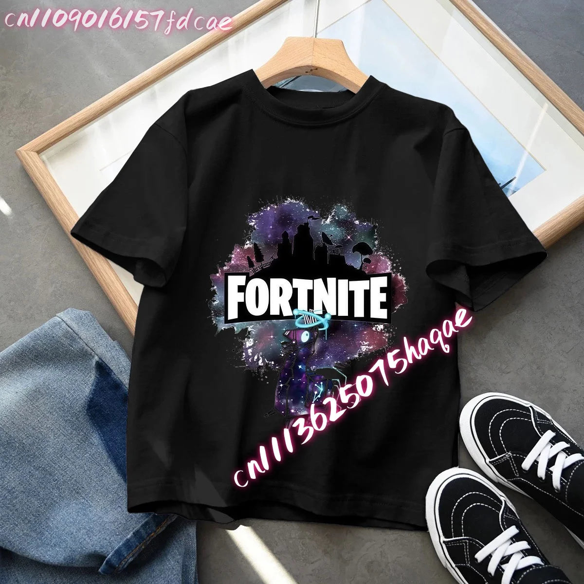 T-shirt preta em algodão para criança Fortnites Fortress Night, manga curta, estilo cartoon, para menino e menina, roupa de verão kawaii, top para oferta