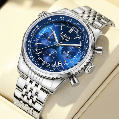 Montre de luxe pour homme LIGE – Chronographe avec date, en acier inoxydable, étanche, luminescente, style sportif et militaire, montre à quartz pour homme