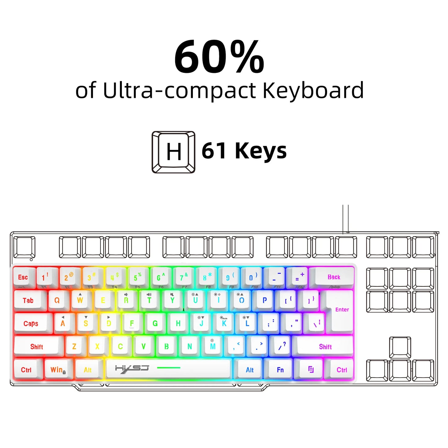 Novo mini teclado gaming com fios, teclado de membrana fino de 61 teclas, brilho RGB tátil e várias combinações de teclas rápidas, adequado para gaming e escritório