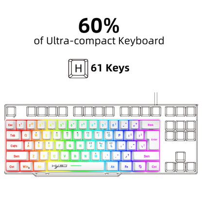 Novo mini teclado gaming com fios, teclado de membrana fino de 61 teclas, brilho RGB tátil e várias combinações de teclas rápidas, adequado para gaming e escritório