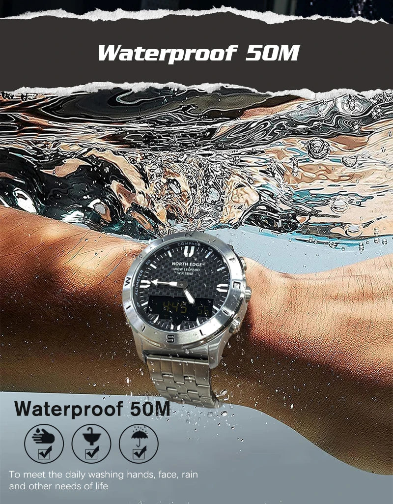 NORTH EDGE digitale Sportuhr für Herren, luxuriöse Business-Uhr für Herren, wasserdicht bis 50M, mit Höhenmesser, Barometer, Kompass und Leuchtanzeige