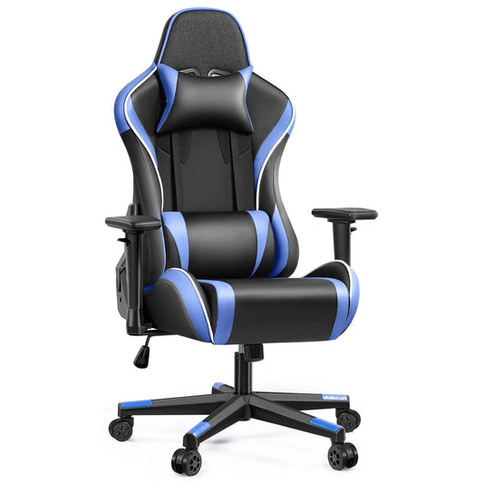 Gaming Chair, Ergonomic PU Leather Office Chair, Reclining Swivel Computer Chair with Headrest Lumbar Support, Black Blue