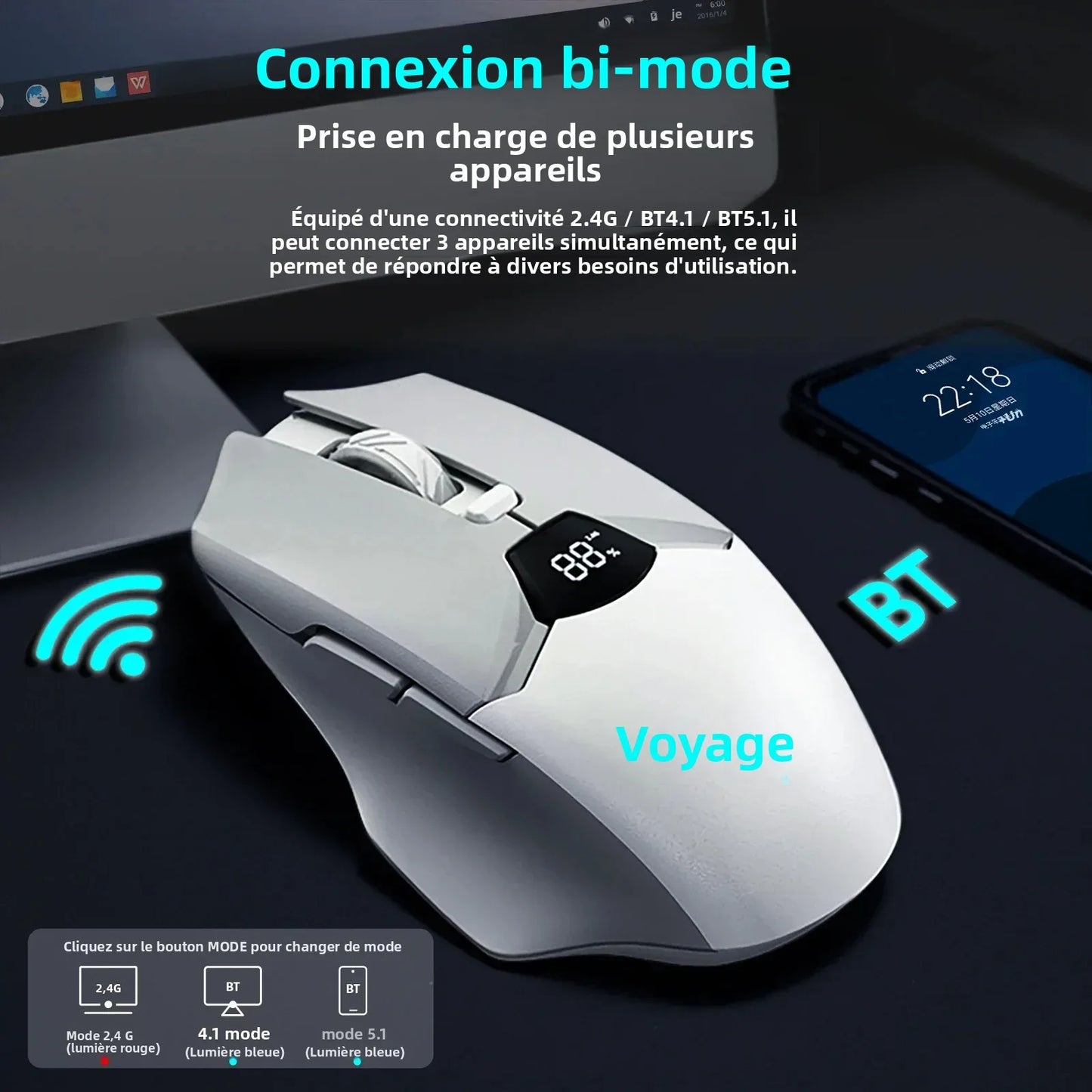 Mouse Bluetooth wireless con display digitale della batteria, mouse ergonomico silenzioso per PC, laptop e gaming, 2.4G/Bluetooth 5.0