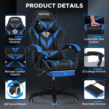 200Lbs Load Gaming Chair with Massage Ergonomic Computer Chair Footrest and Lumbar Support Reclining PC Chair Adjustable Armrest