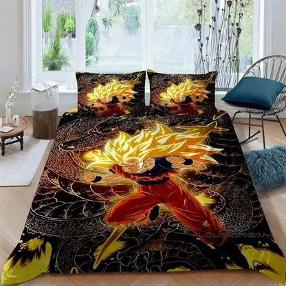 Cartoon/Anime Son Goku Dragon Ball Themed Printed Bedding Set: This soft and comfortable set includes a duvet cover and pillowca