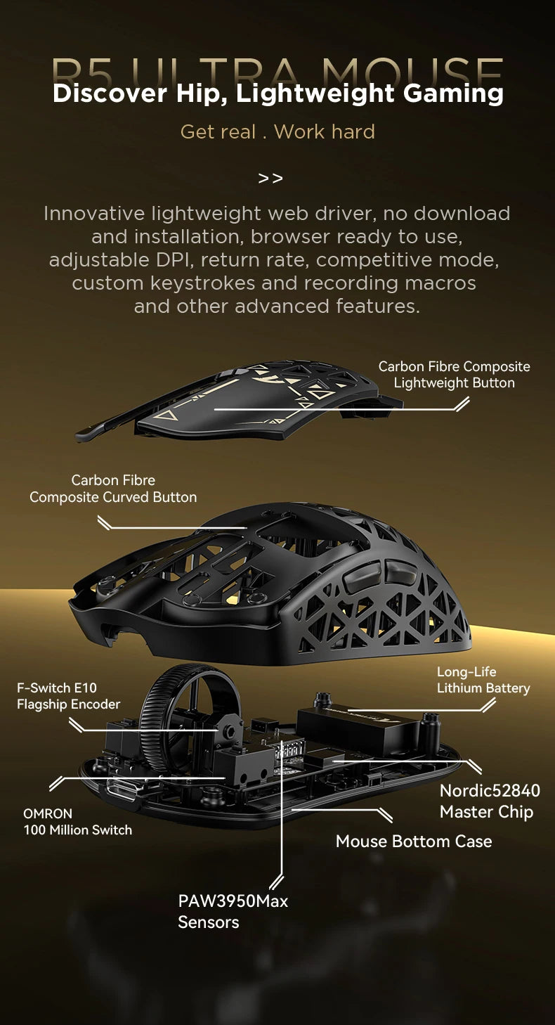 ATTACK SHARK R5 ULTRA Kabellose Gaming-Maus – 8K Polling, PAW3950MAX-Sensor, 42,000 DPI, ultraleicht aus Carbonfaser für Pro-Esport