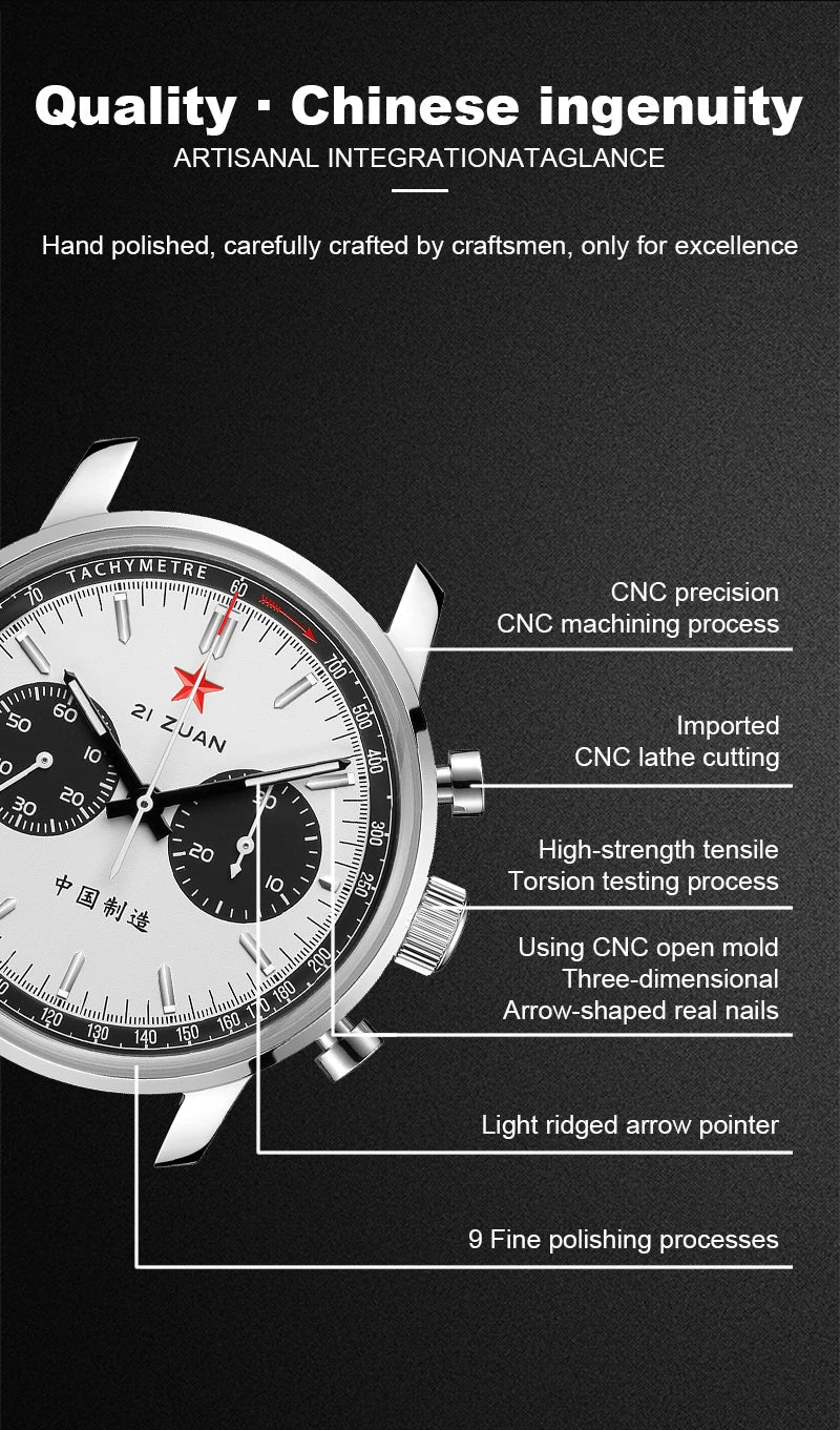 Red Star Panda Men's 1963 Chronograph Mechanical Wristwatch Seagull ST1901 Movement Gooseneck 40mm Luminous Sapphire Pilot Watch