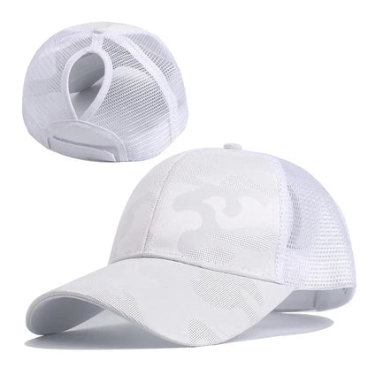 2023 Women Summer Ponytail Baseball Cap Cotton Camouflage Print Mesh Hat Adjustable Sports Golf Hat Girl Outdoor Casual Sun Hat