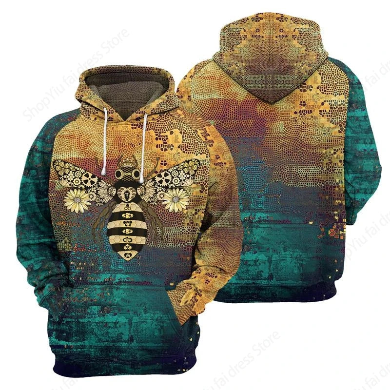 Sweat à capuz vintage para homem com padrão de lobo e abelha, estampado 3D, sweatshirt de moda, casaco para rapaz e mulher, fato de treino 6XL
