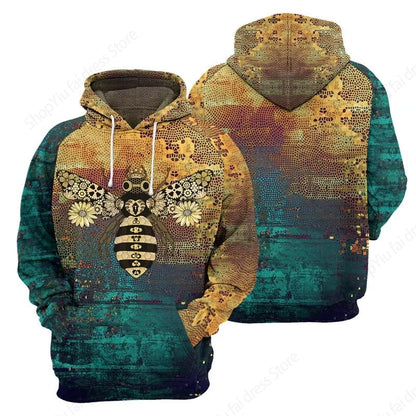 Sweat à capuz vintage para homem com padrão de lobo e abelha, estampado 3D, sweatshirt de moda, casaco para rapaz e mulher, fato de treino 6XL