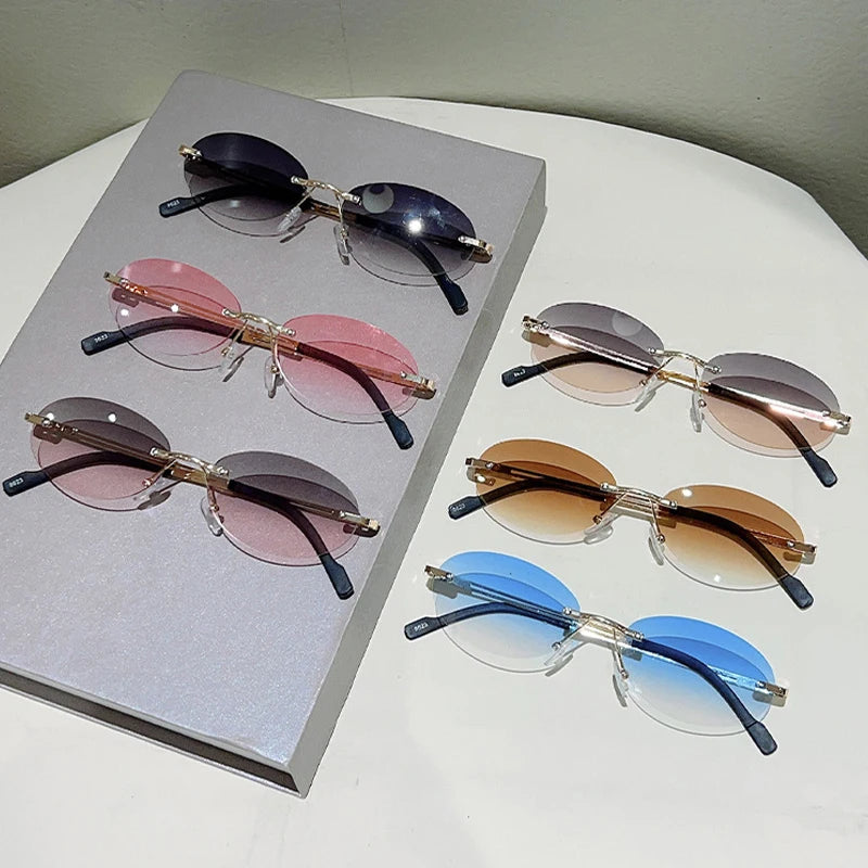 Rimless Oval Sunglasses Women 2026 Luxury Brand Vintage Small Frame Gold Metal Gradient Lens Y2K Punk Streetwear Fashion Eyewear