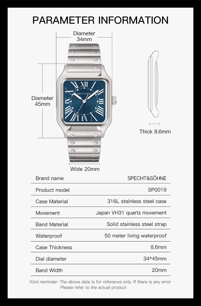 2025 New 34MM Specht & Söhne Quartz Watch Japan VH31 Movement Sapphire Blue Color Ultrathin Stainless Steel Men's Watch