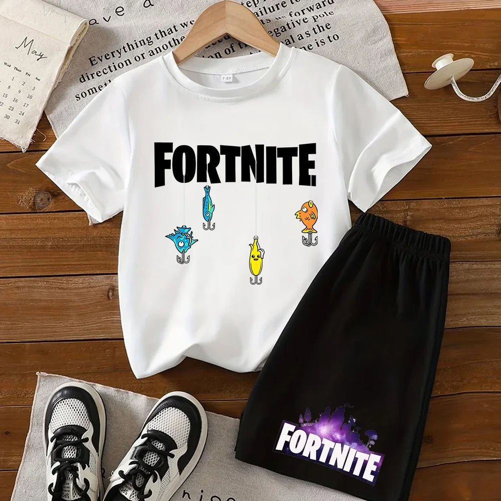 Completo estivo Fortnite con T-shirt e shorts per bambini e bambine, set 2 pezzi, abbigliamento bambino con top, T-shirt e pantaloncini, stampa Fortress Night, idea regalo